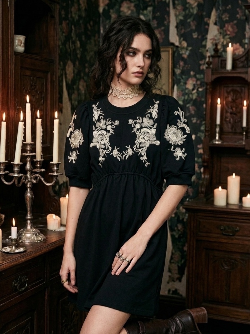 Whimsigoth Embroidered Cottagecore Babydoll Mini Dress Black NWT Small